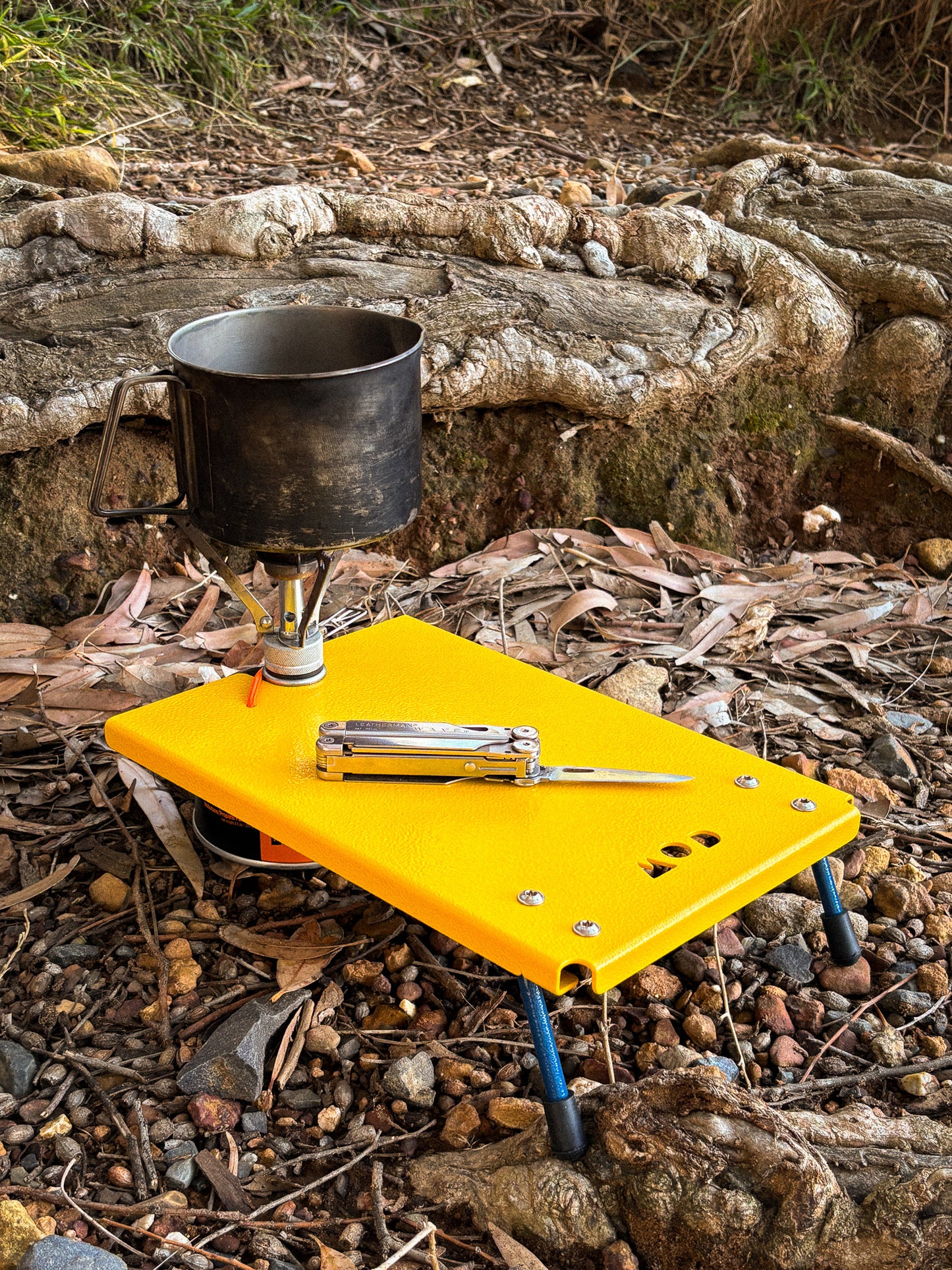 Camp Stove Table with gas canister and water pot camping