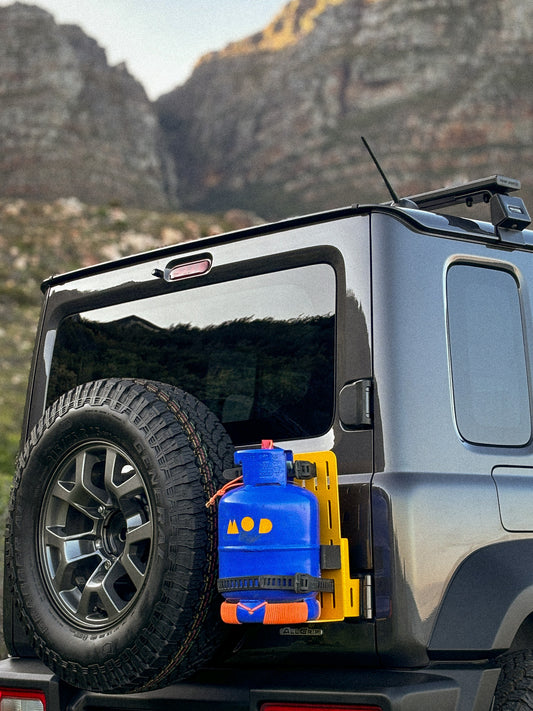 Rear Door Mount showing the storage possibility on a Jimny 4 with a Gas Bottle mounted 