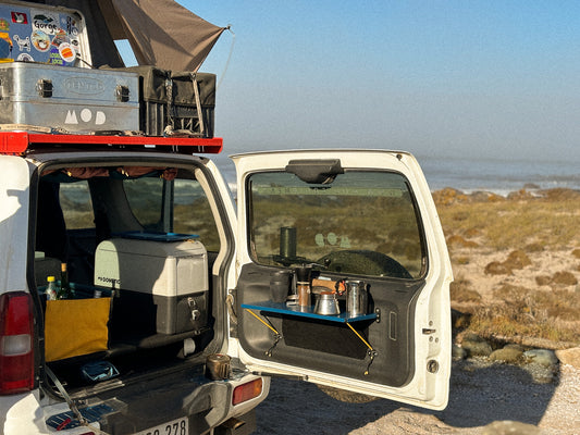 Rear Door Table in Blue with coffee set up on Jimny 3 