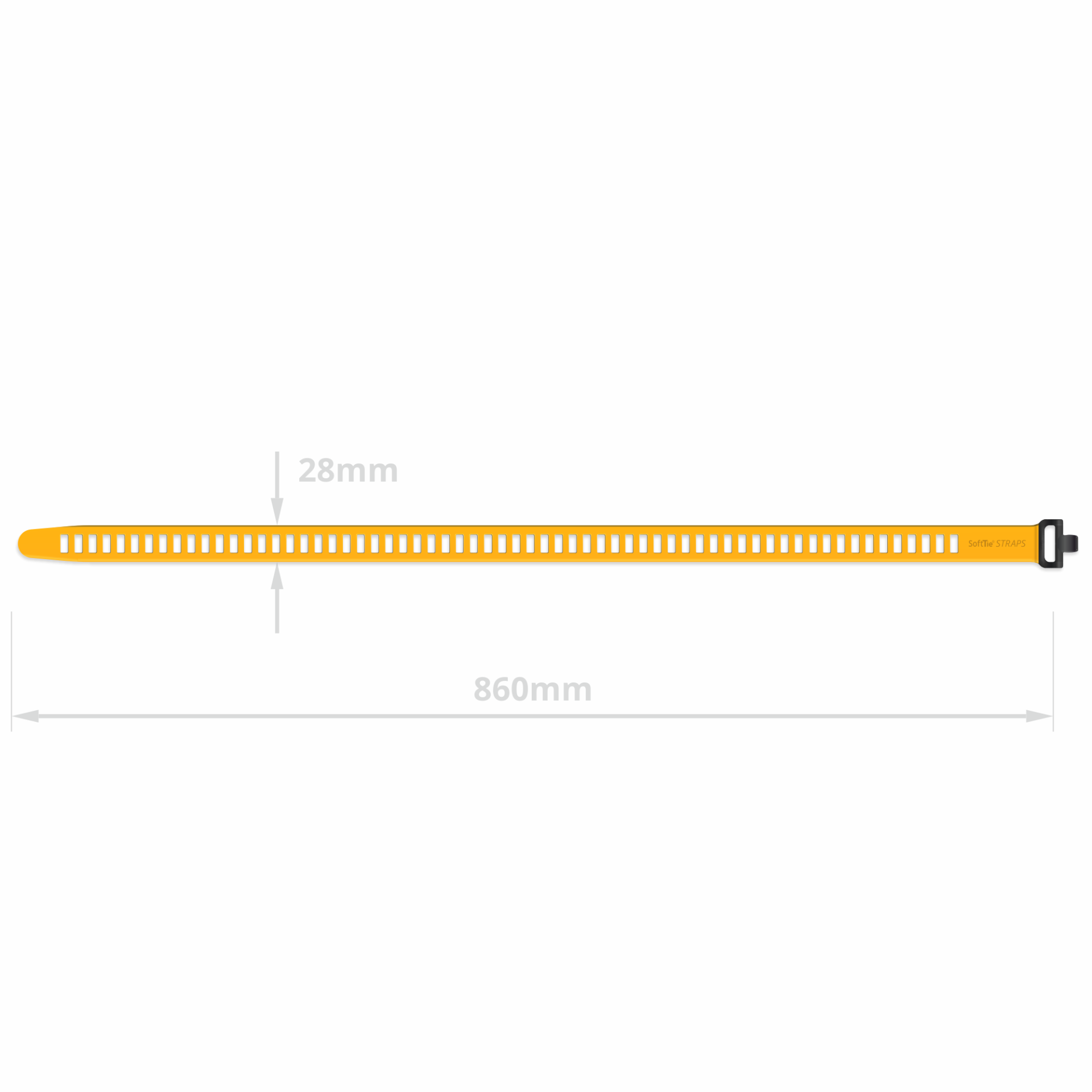 Product picture of yellow SoftTie strap show dimensions